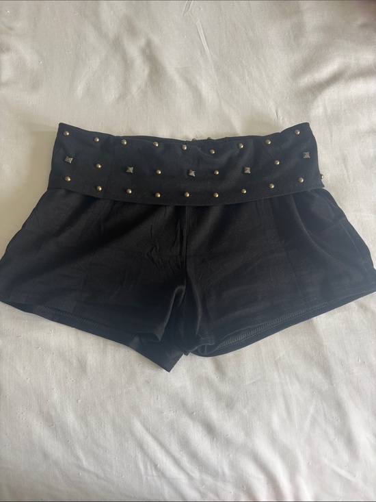 Pants - Studded Black Women's Fold-Over Waist Shorts